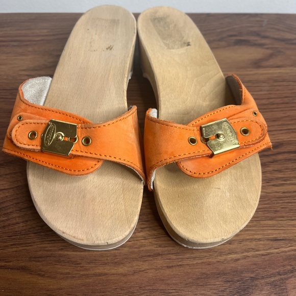 VTG Dr. Scholl’s The Original Wood Sole Sz 6 Orange Sandals Y2K Made in Italy - Picture 7 of 14